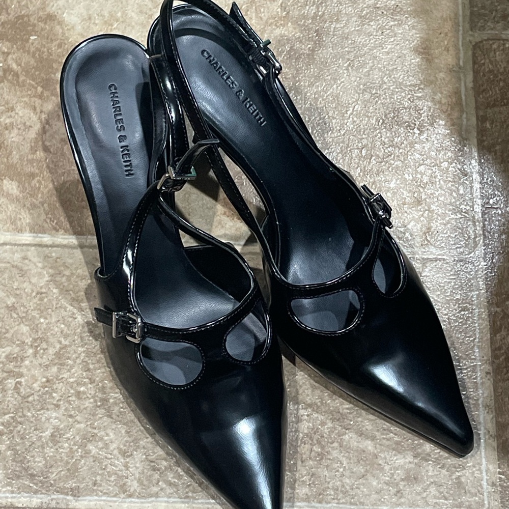 Charles & Keith Black Patent Mary Jane Slingback Heels